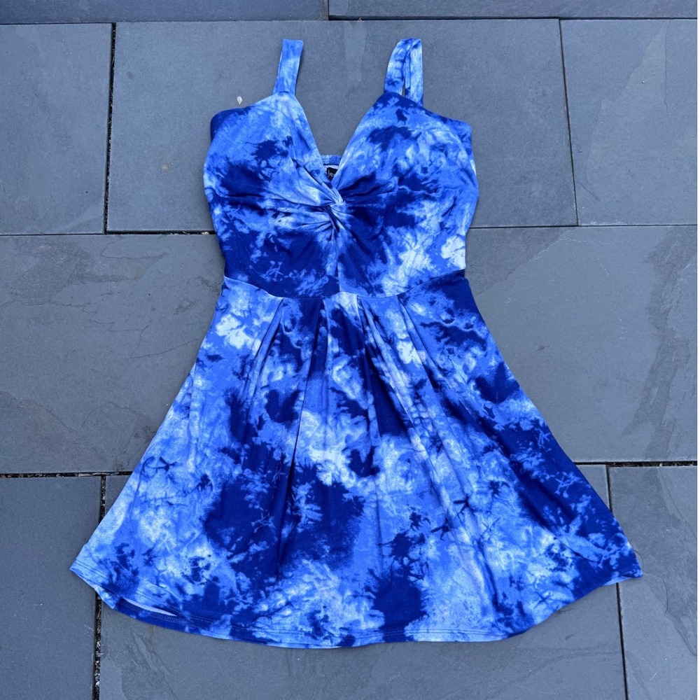 Derek Heart Tie Dye Mini Dress Womens Medium Blue Twist Front Smocked Back Boho